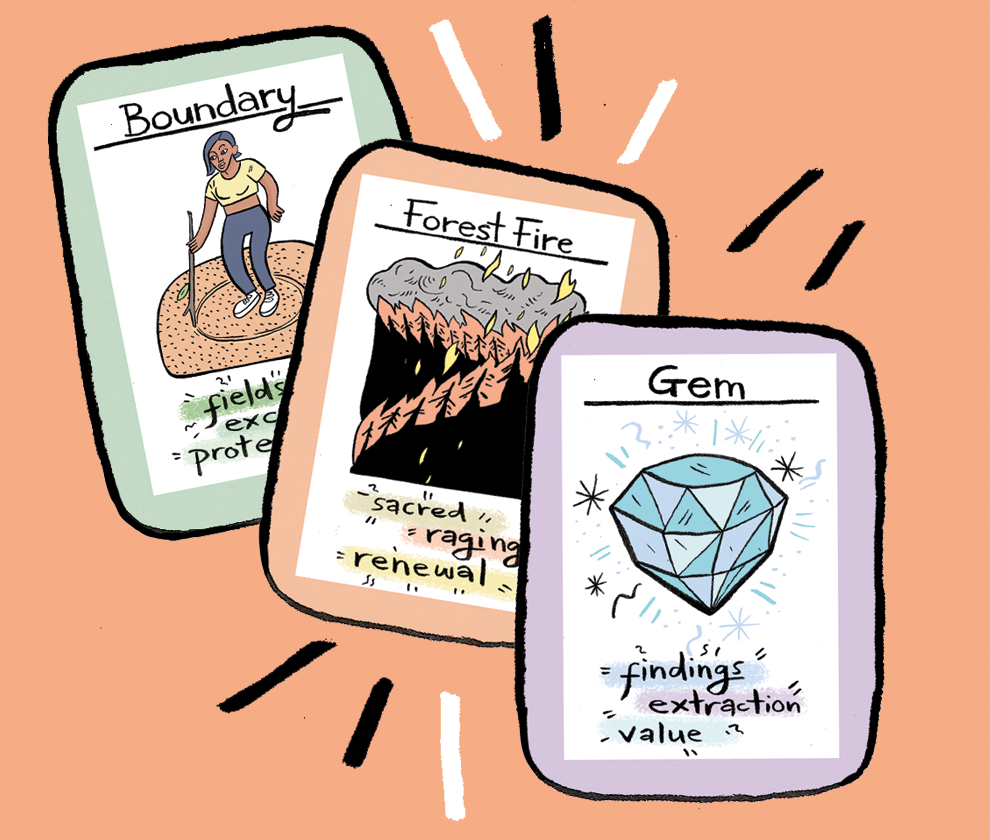A preview of three cards from the game -- Boundary, Forest Fire and Gem